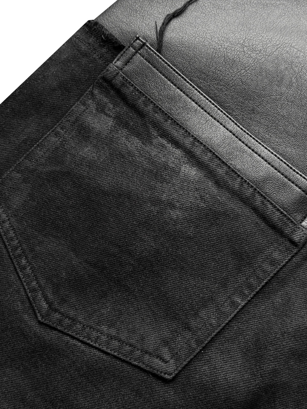 Double Waist PU Leather Patchwork Damage Denim Jeans WN27081