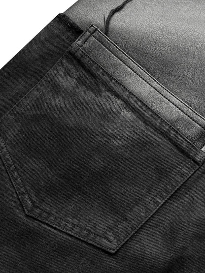 Double Waist PU Leather Patchwork Damage Denim Jeans WN27081