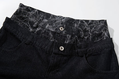 Double Waist Marble Panel Wide Leg Denim Jeans WN25907