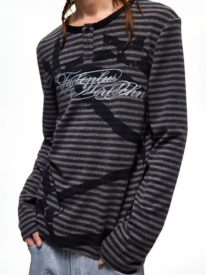 Striped Glitter Print Henley Long Sleeve T-Shirt WN27349