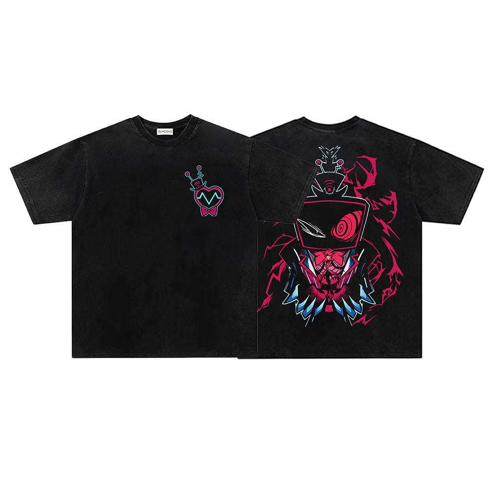 Washed Damage Cyberpunk Cartoon Print Short Sleeve T-Shirt WN26821