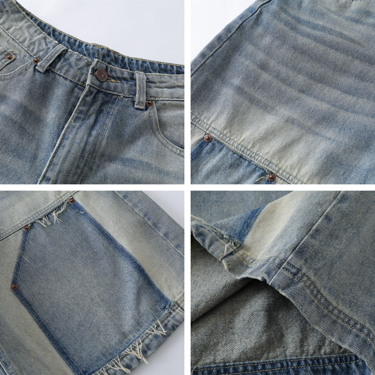 Washed Patchwork Raw Edge Cropped Denim Pants WN26827