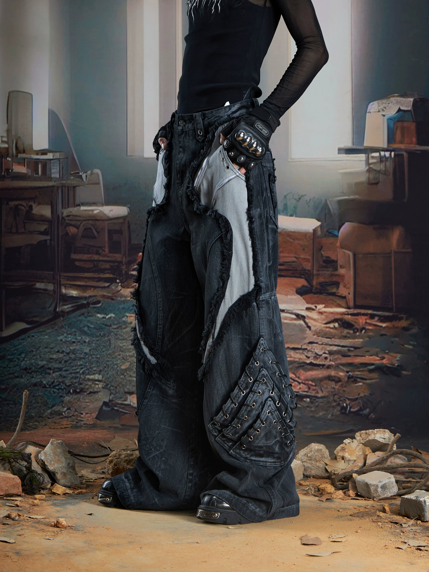 Patchwork Fringe Washed Damage Wide Leg Denim Jeans WN21354