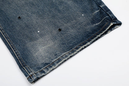 Washed Paint Rhinestone Wide Leg Curved Denim Jeans WN25876
