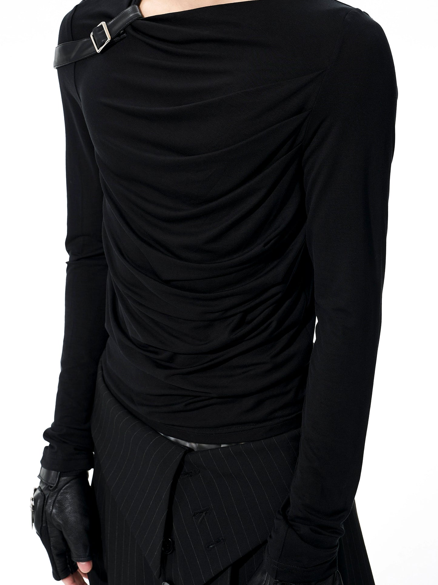 Crinkled PU Leather Design Long Sleeve T-Shirt WN21768