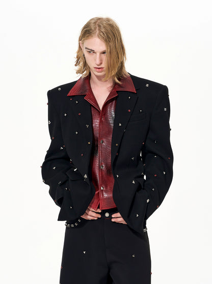 PU Leather Fake Layered Studs Design Tailored Jacket & Wide Leg Trousers Setup WN22648