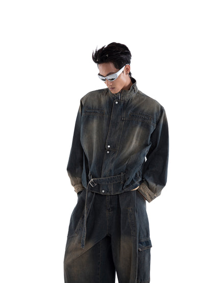 Fringe Strap Washed Denim Jacket & Denim Jeans Setup WN20644