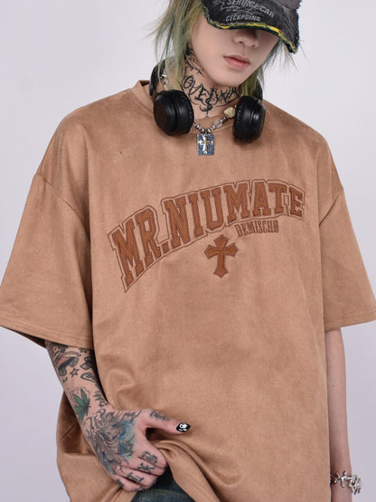 Suede Embroidery Oversize Short Sleeve T-Shirt WN24409