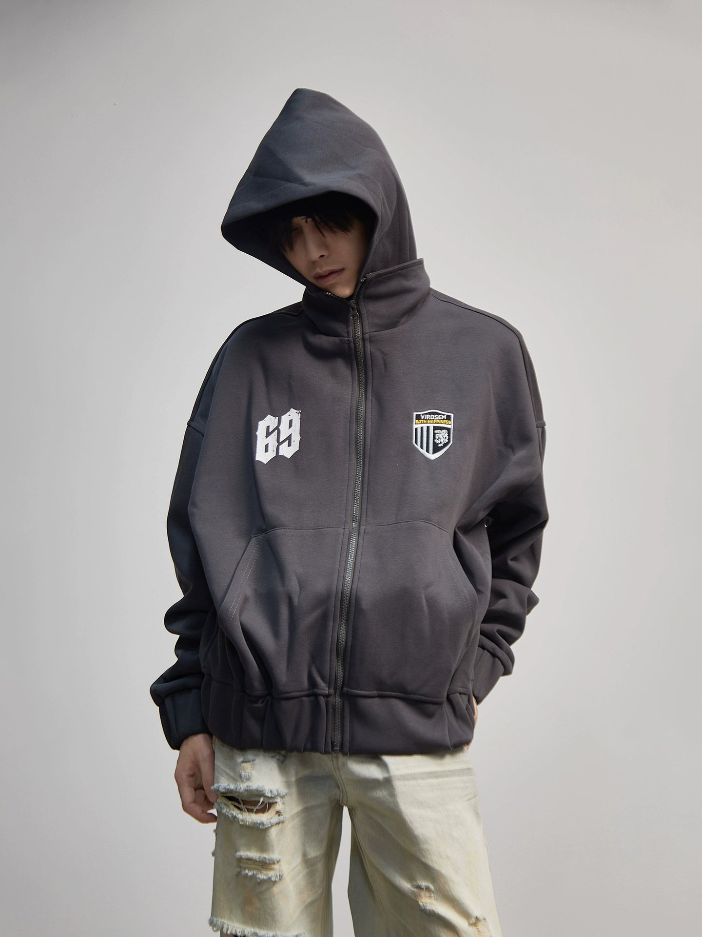 Letter Embroidery Print Zipper Hoodie WN21176