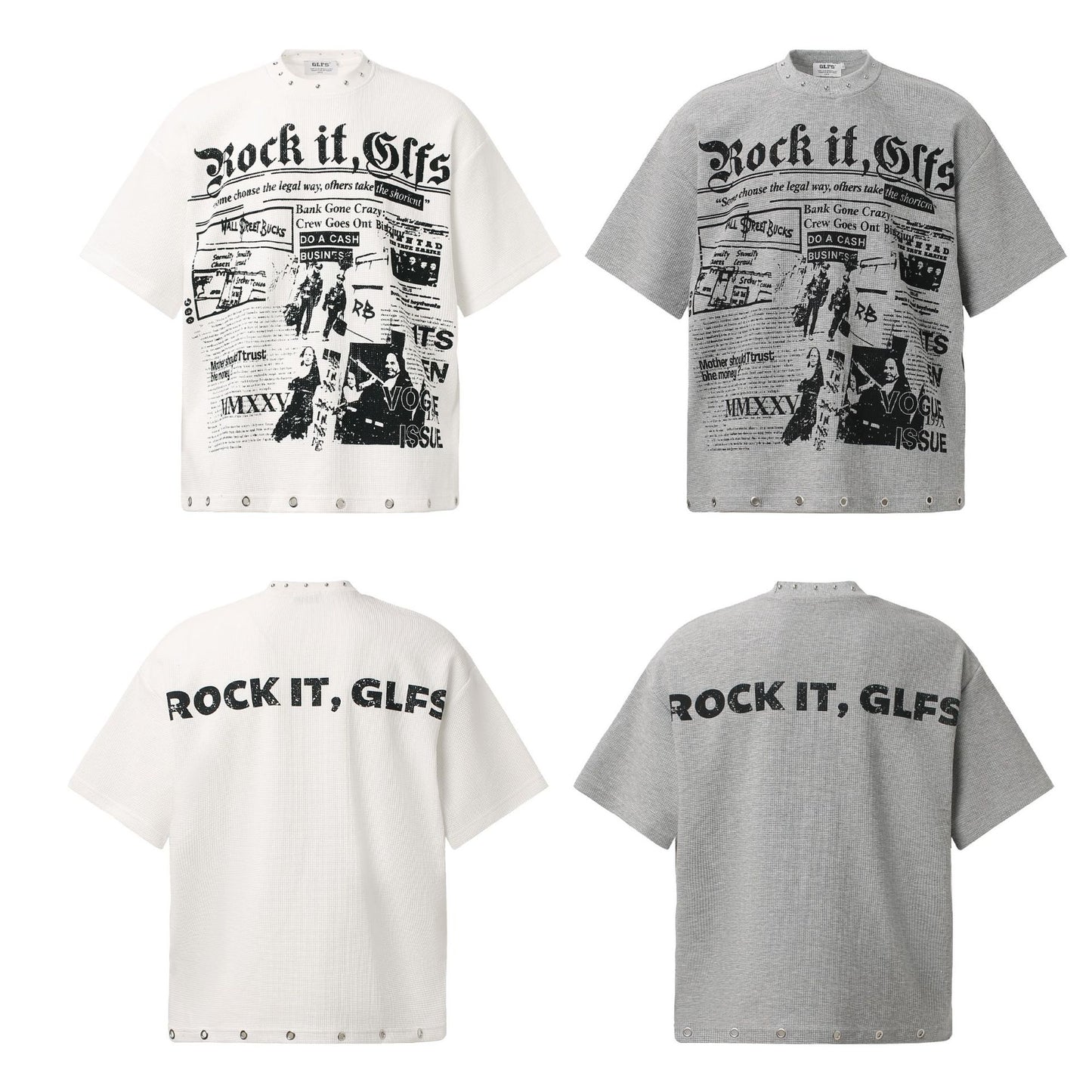 Waffle Newspaper Print Studs Short Sleeve T-Shirt WN25995