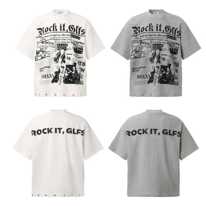Waffle Newspaper Print Studs Short Sleeve T-Shirt WN25995