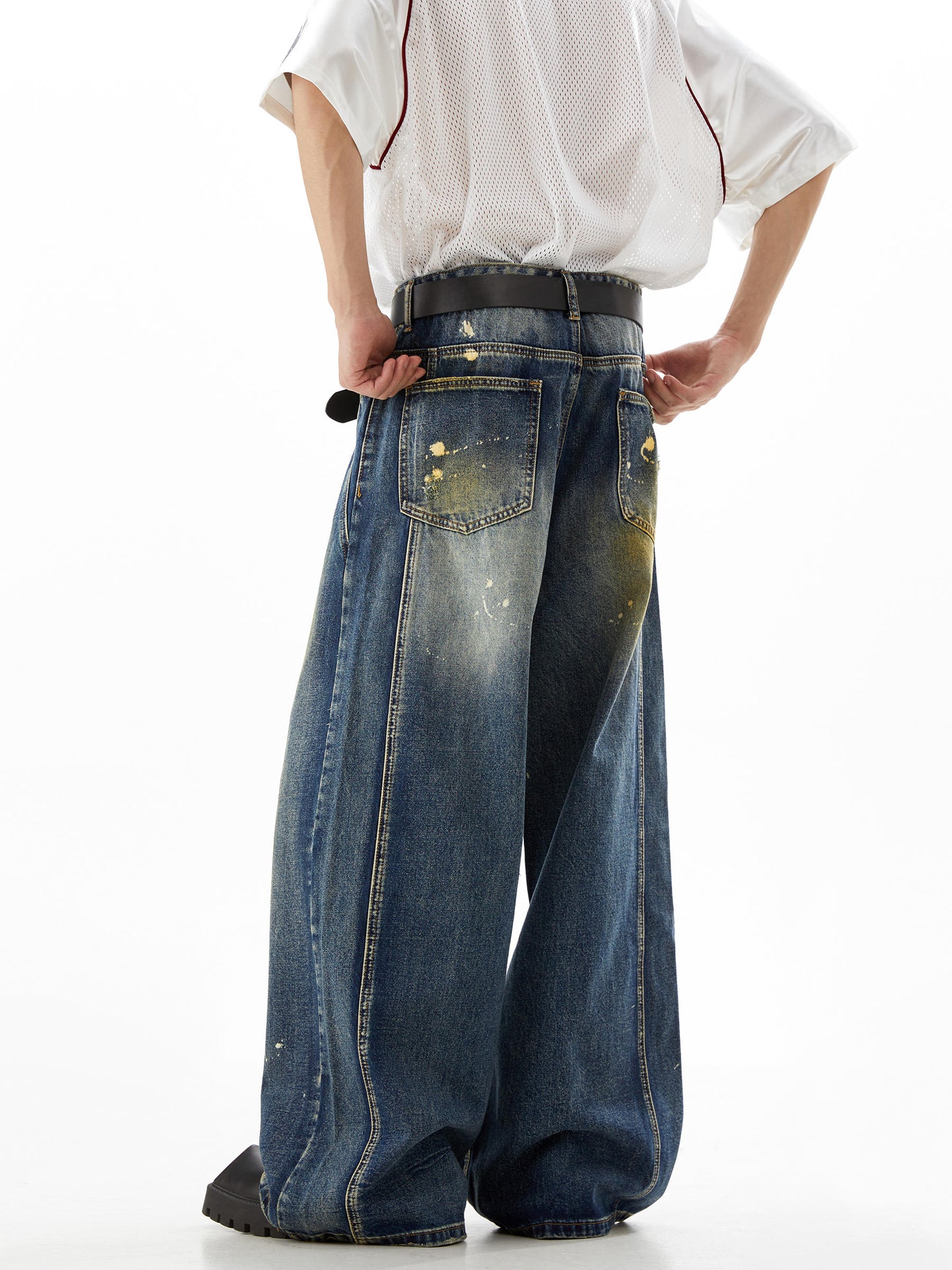 Paint-Splatter Wide-Leg Straight Denim Jeans WN10420