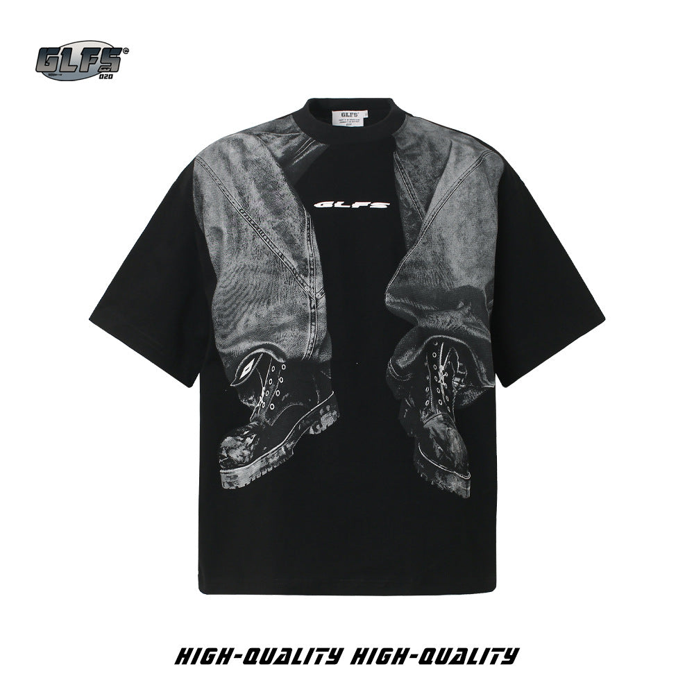 Denim Trompe-l'œil Print Cotton Short Sleeve T-Shirt WN26561