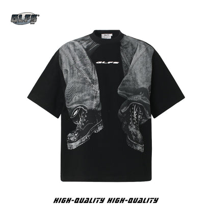 Denim Trompe-l'œil Print Cotton Short Sleeve T-Shirt WN26561