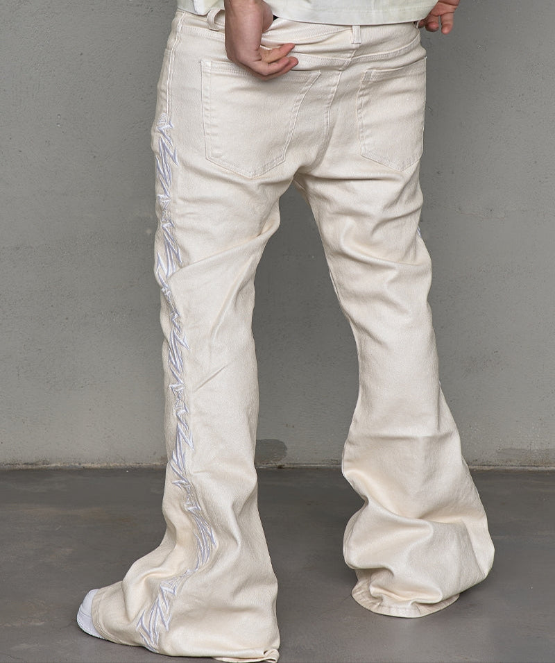 Waxed Embroidery Flare Stacked Denim Jeans WN21006
