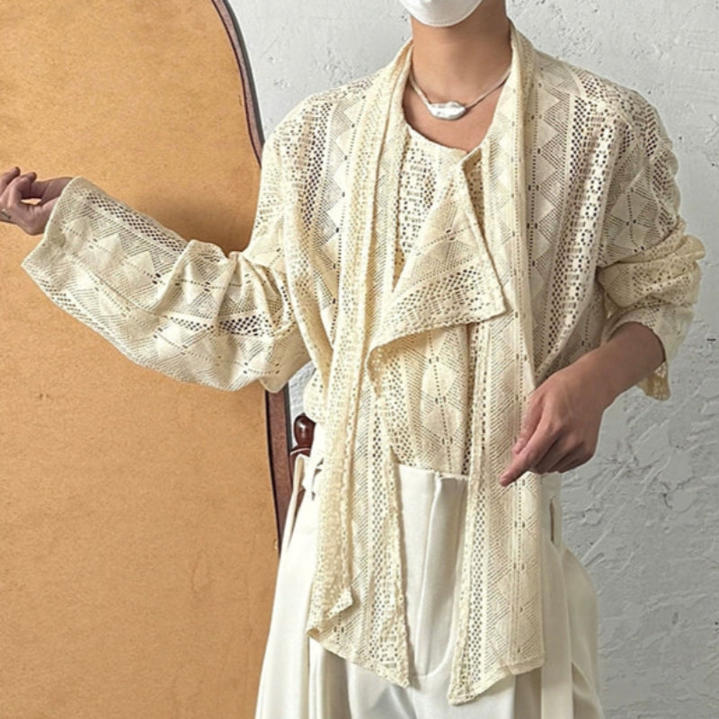 Jacquard Lace Patchwork Ribbon Long Sleeve Shirt WN19980