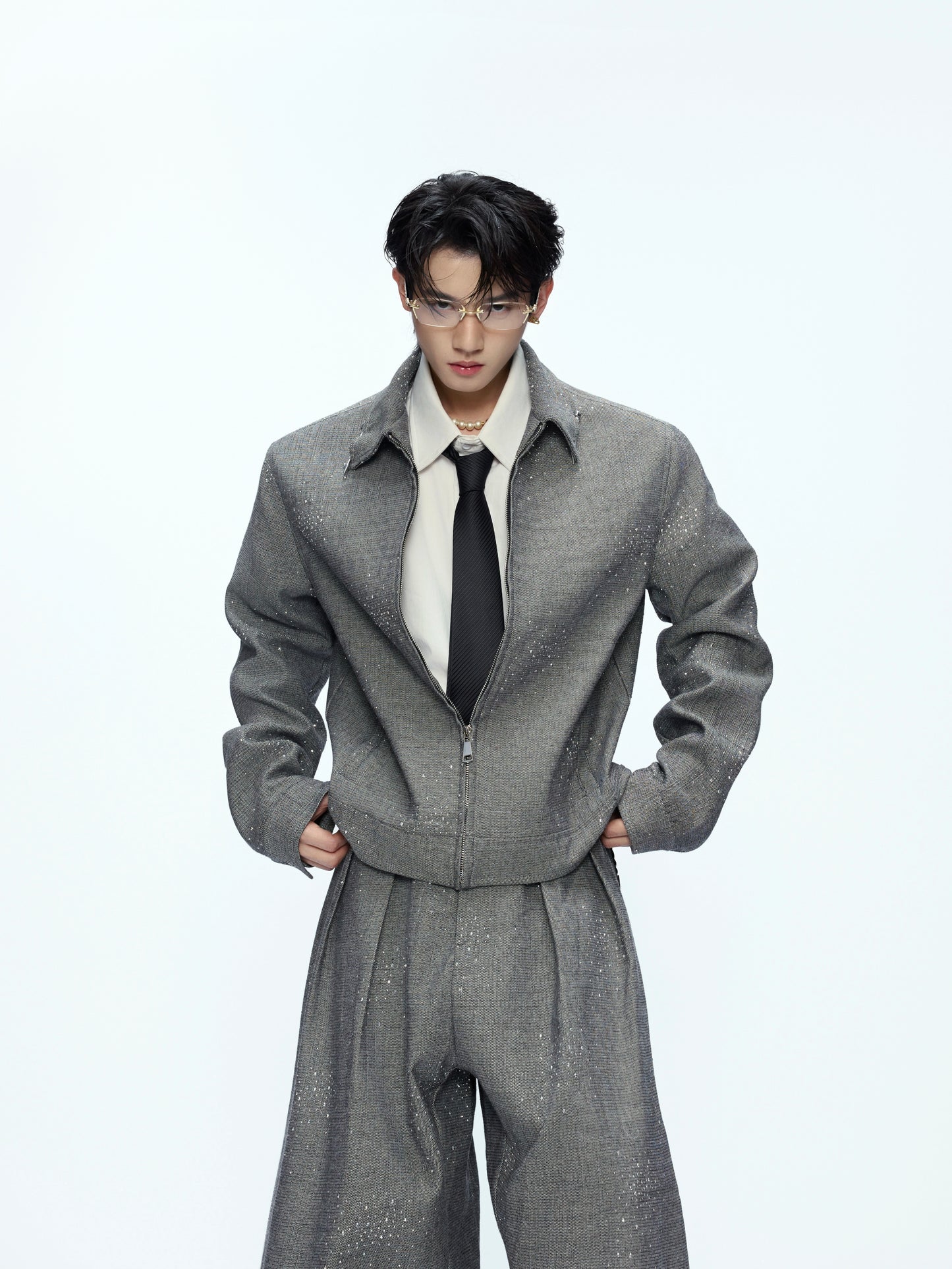 Rhinestone Decor Zipper Jacket & Wide Leg Pants Setup WN21228