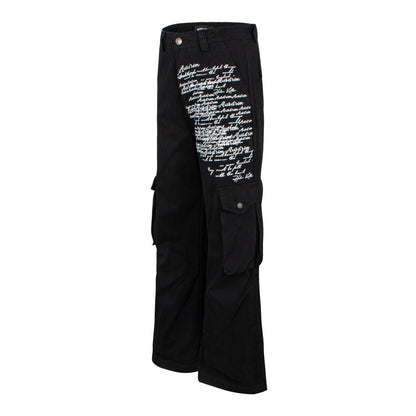 Letter Print Washed Wide Leg Cargo Denim Jeans WN27898