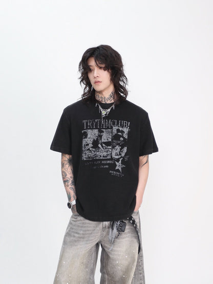 Oversize Waffle Vintage Rock Graphic Print Short SleeveT-Shirt WN24447