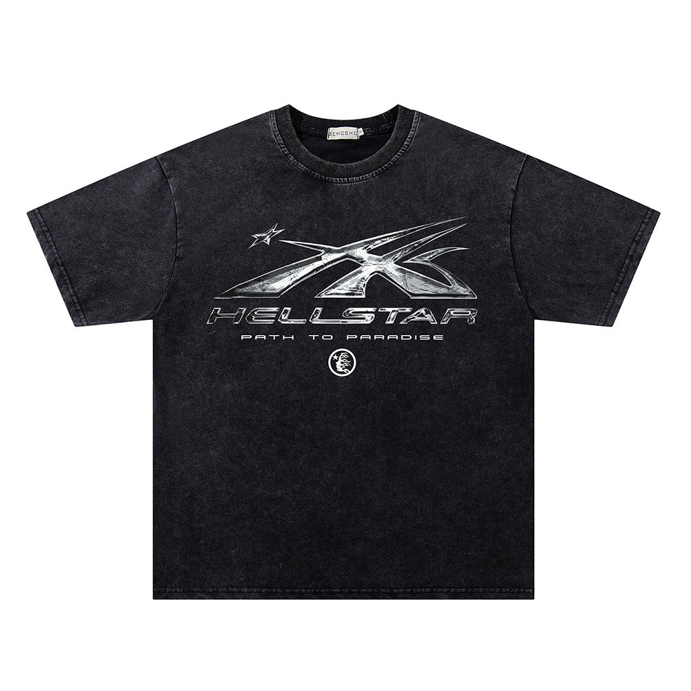 Washed Metal Letter Star Print Short Sleeve T-Shirt WN26912