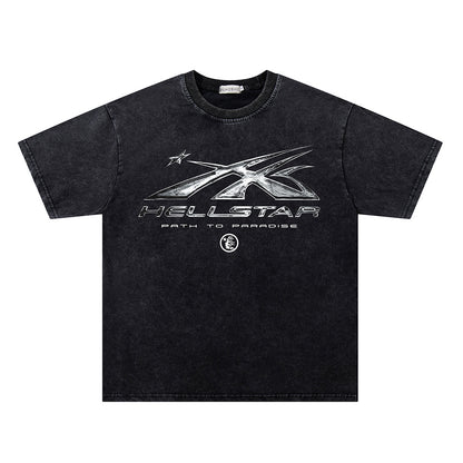 Washed Metal Letter Star Print Short Sleeve T-Shirt WN26912