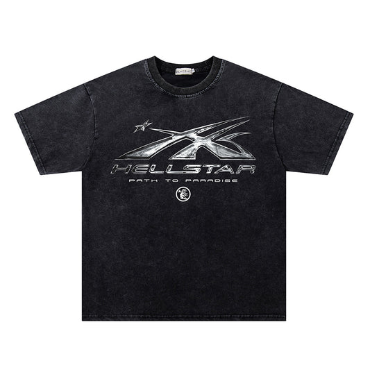 Washed Metal Letter Star Print Short Sleeve T-Shirt WN26912