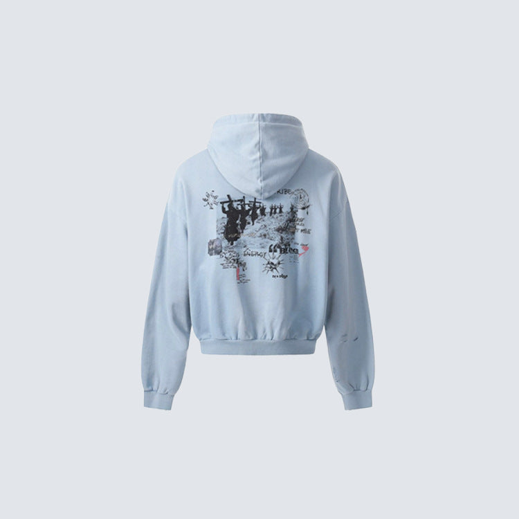 Graffiti Print Washed Damage Zipper Hoodie WN27940