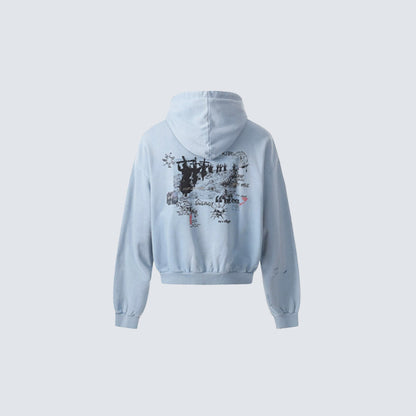 Graffiti Print Washed Damage Zipper Hoodie WN27940