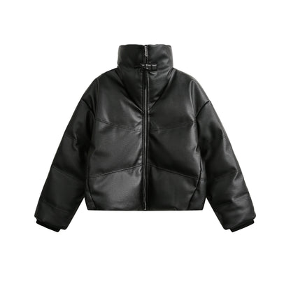 High Neck PU Leather Puffer Jacket WN9405