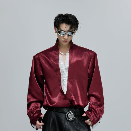 Fake Layered V-Neck Lace Satin Long Sleeve Shirt WN21712