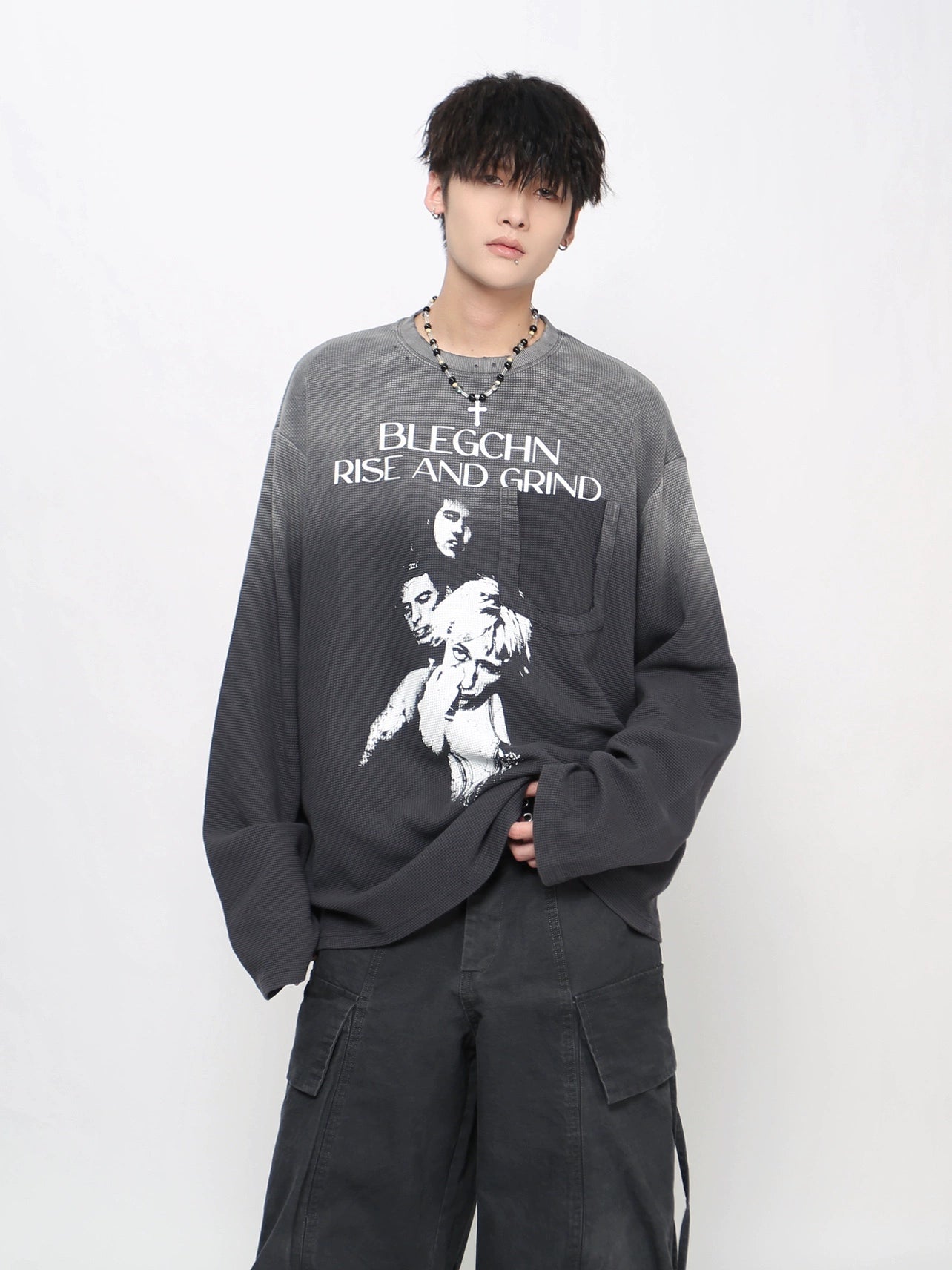 Gradient Damage Pocket Letter Print Long Sleeve T-Shirt WN21029