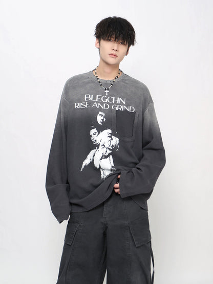 Gradient Damage Pocket Letter Print Long Sleeve T-Shirt WN21029