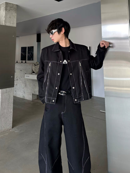 Zipper Design Jacket & Curved Wide Leg Pants Setup WN16769