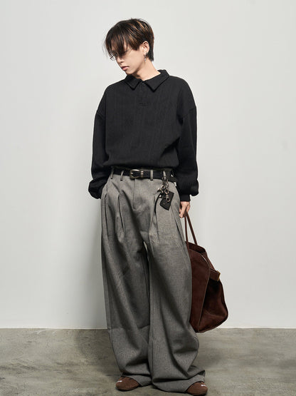 Polo Collar Wheat Jacquard Oversize Long Sleeve T-Shirt WN22939