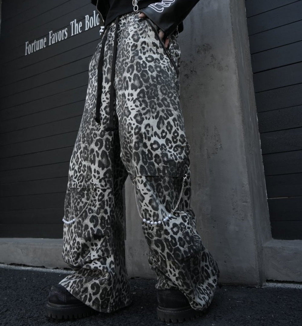 Leopard Studs Chain Detail Wide Leg Cargo Pants WN28012
