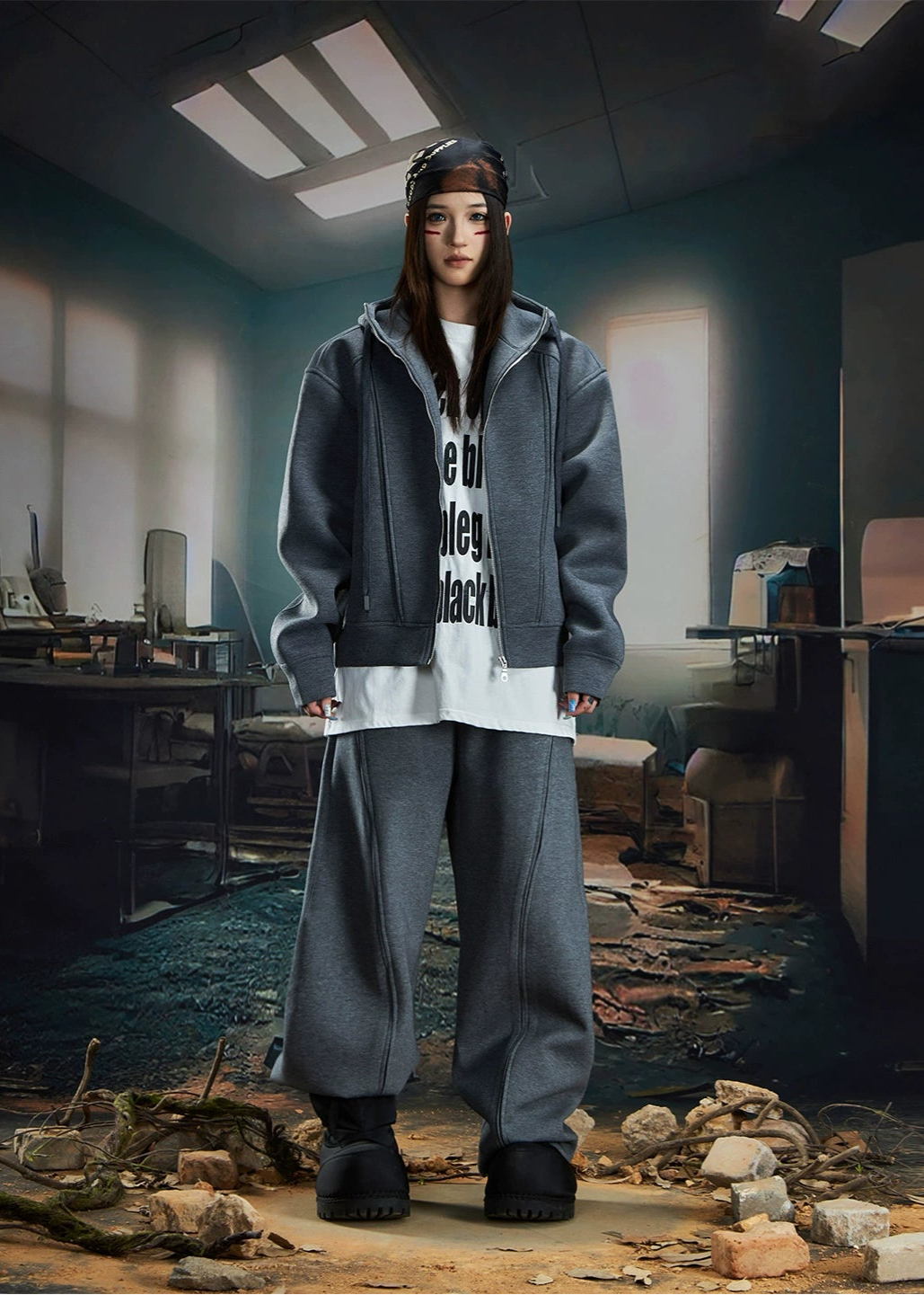 Oversize Simple Zipper Hoodie & Wide Leg Sweatpants Setup WN20581