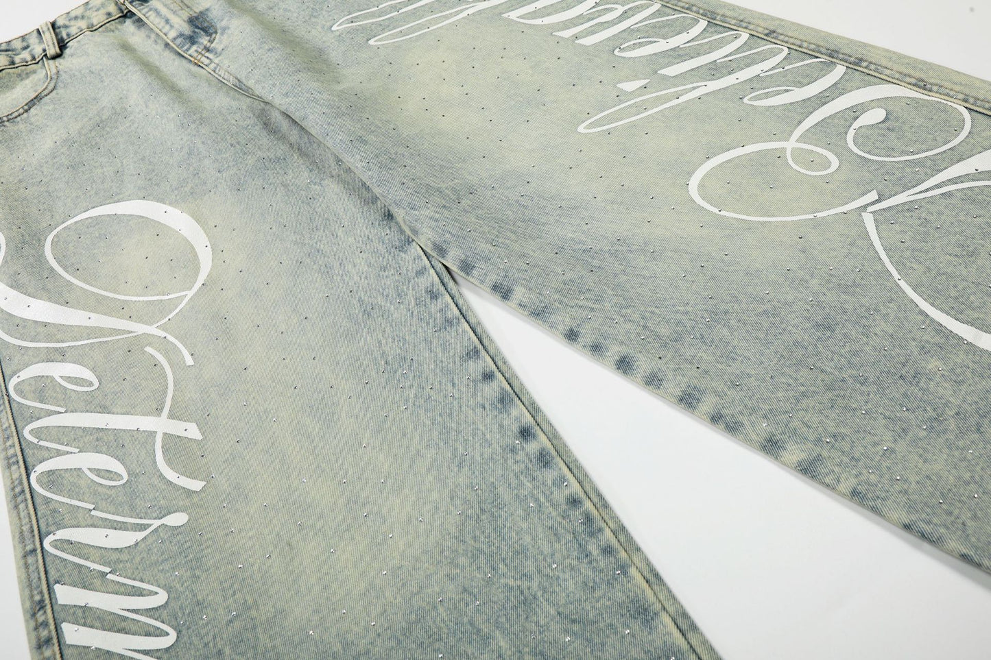 Washed Letter Print Wide Leg Denim Jeans WN25419