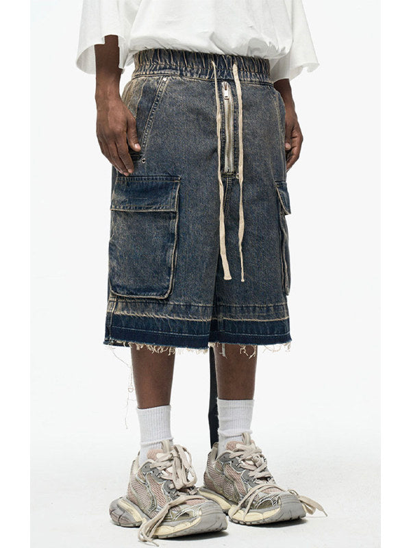 Zipper Drawstring Raw Edge Cargo Short Pants WN24337