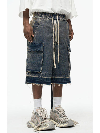 Zipper Drawstring Raw Edge Cargo Short Pants WN24337
