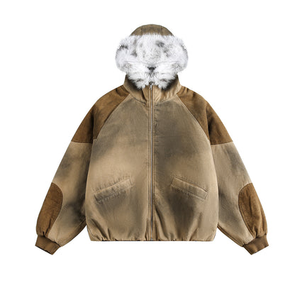 Hooded Fake Fur Collar Washed Puffer Jacket WN21895