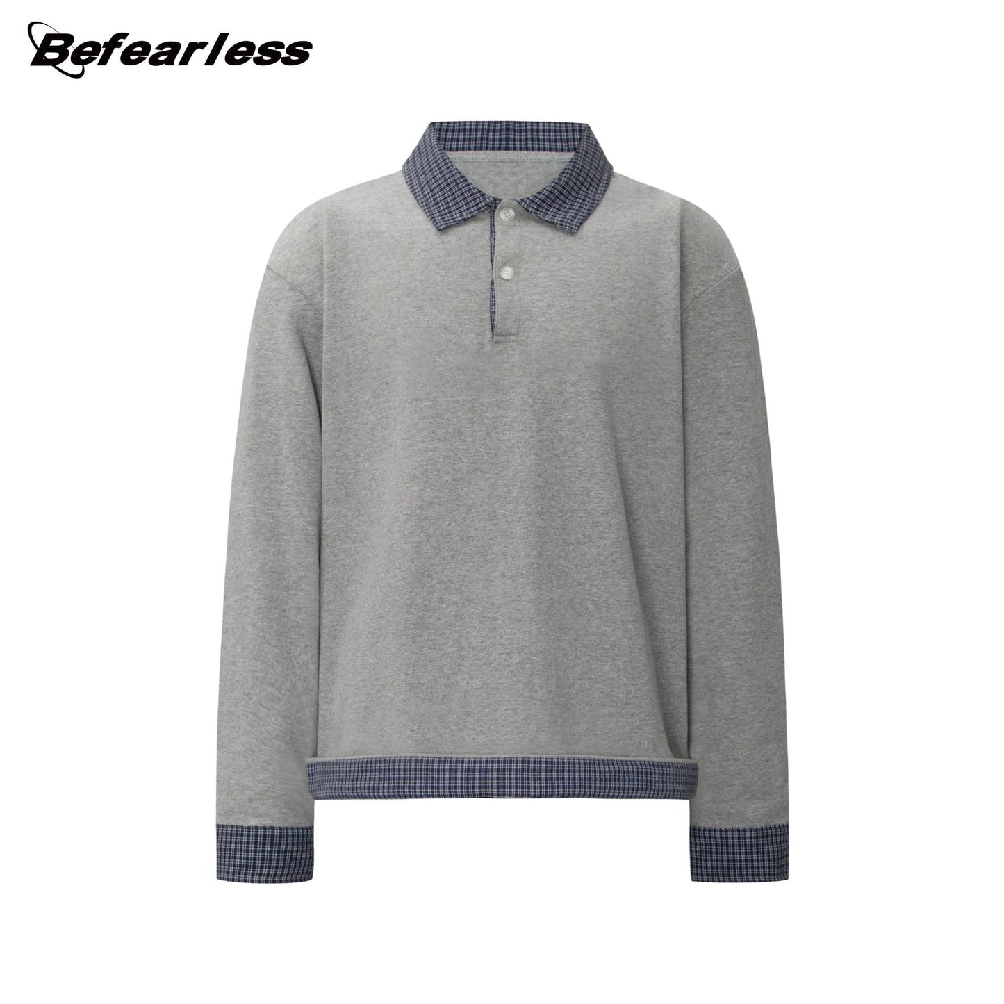 Heavyweight Plaid Fake Layered Polo-Collar Boxy Long Sleeve T-Shirt WN26323