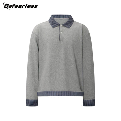 Heavyweight Plaid Fake Layered Polo-Collar Boxy Long Sleeve T-Shirt WN26323