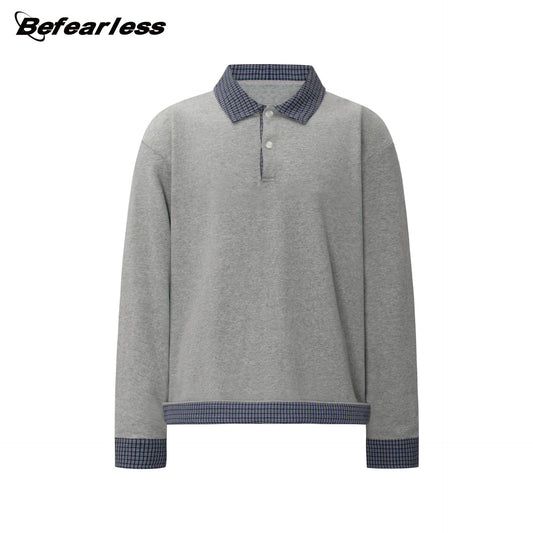 Heavyweight Plaid Fake Layered Polo-Collar Boxy Long Sleeve T-Shirt WN26323