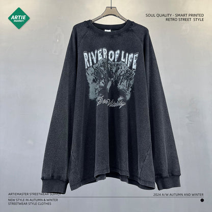 Wax-Dye Washed Digital Print Long Sleeve T-Shirt WN9981