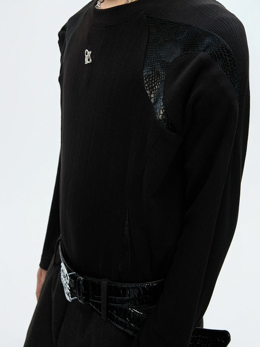 Splice PU Leather Ribbed Thermal Long Sleeve T-Shirt WN22617