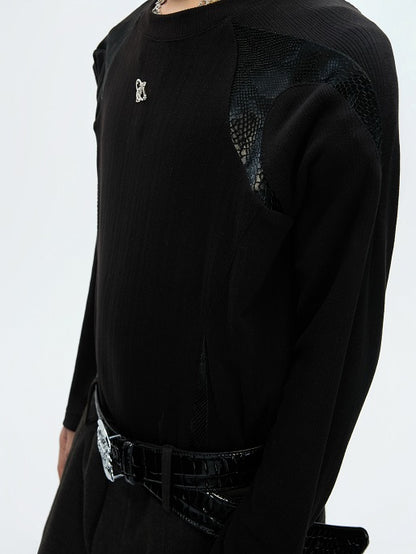 Splice PU Leather Ribbed Thermal Long Sleeve T-Shirt WN22617