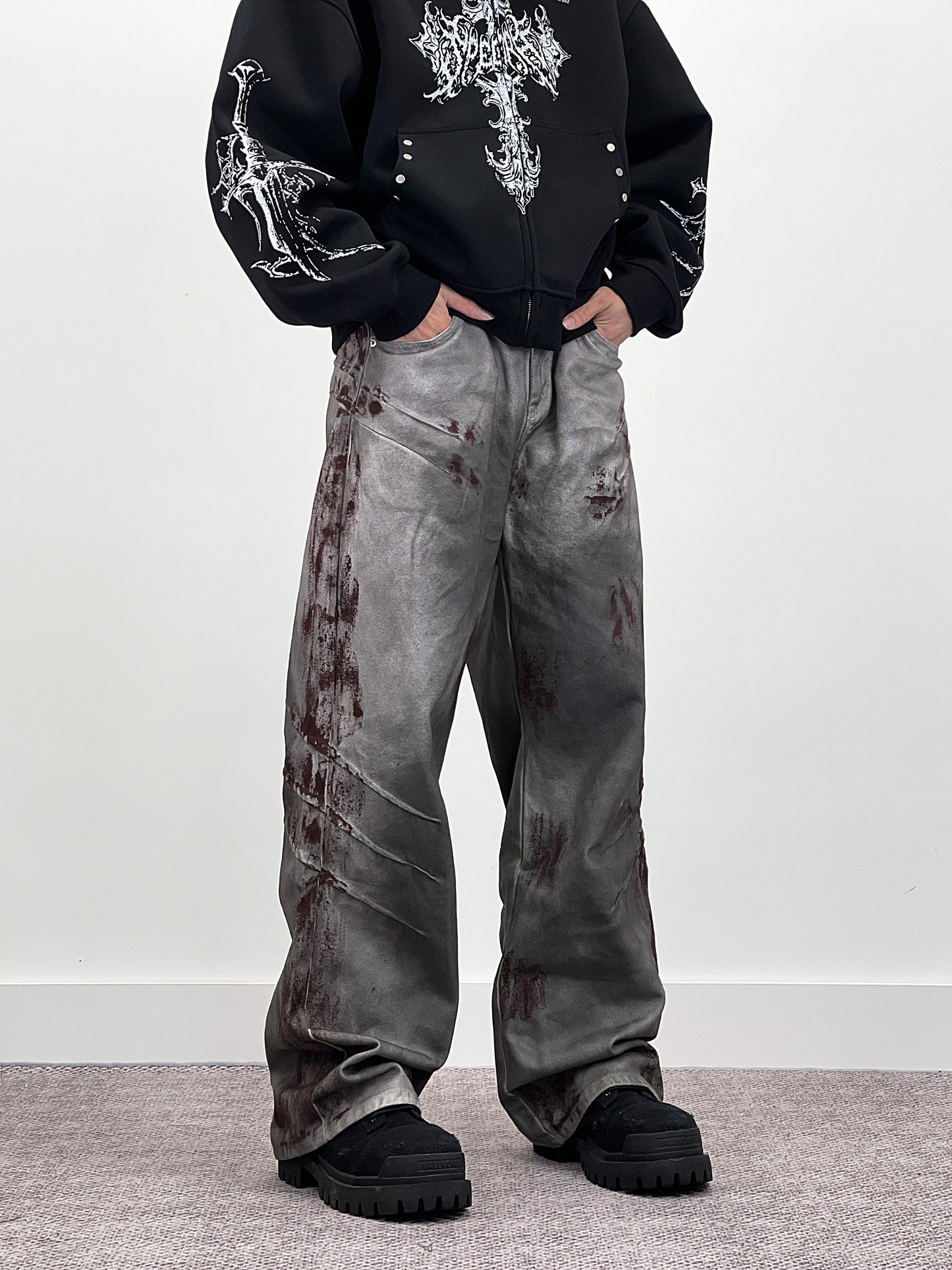 Blood Stain Scratch Damage Deconstructed Flare Denim Jeans WN24242