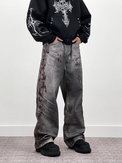 Blood Stain Scratch Damage Deconstructed Flare Denim Jeans WN24242