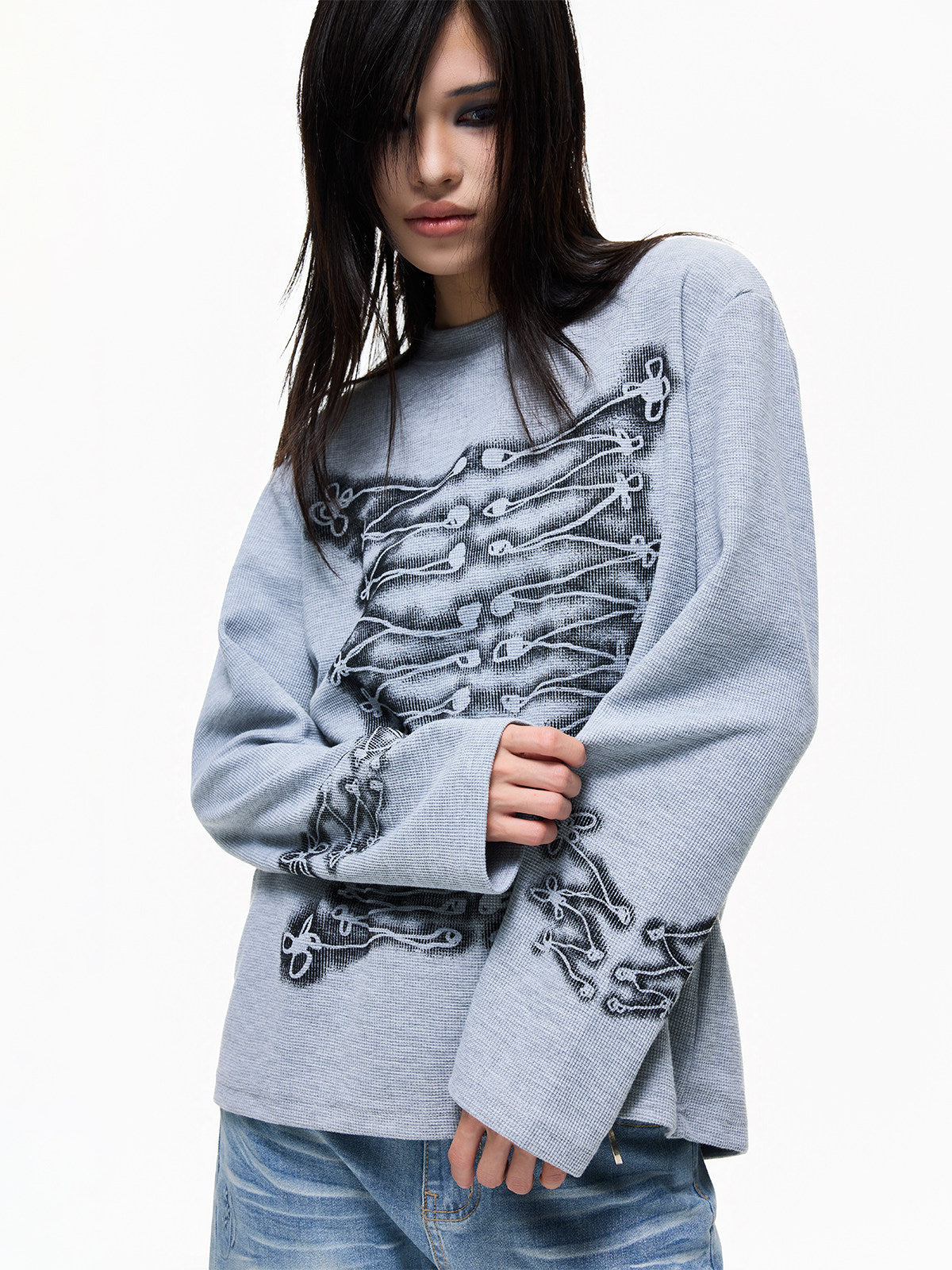 Skeleton Graphic Oversize Waffle Long Sleeve T-Shirt WN27254
