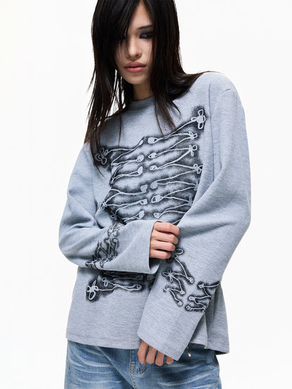 Skeleton Graphic Oversize Waffle Long Sleeve T-Shirt WN27254